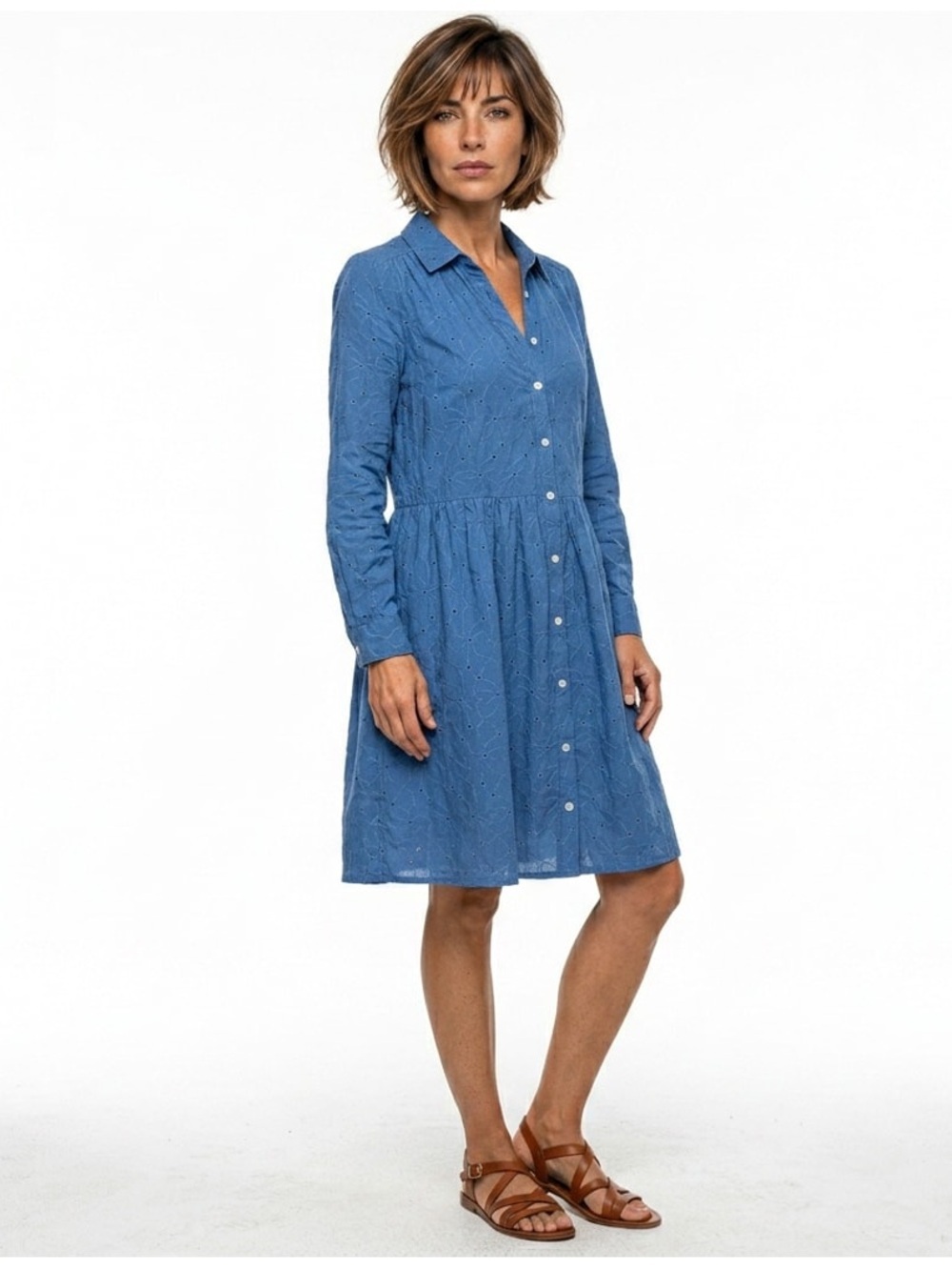 J. Crew Blue Cotton Eyelet Button Front Long Sleeve Dress Sz 10 Mini Boho - Picture 1 of 11
